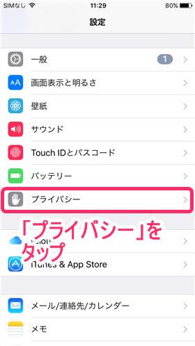 「プライバシー」 とタップ
