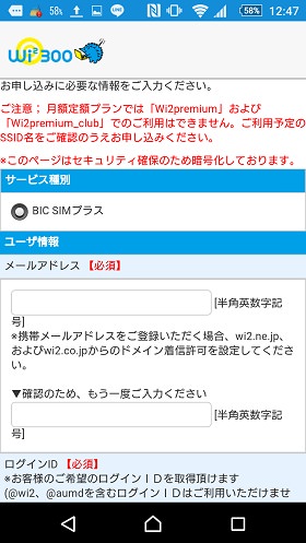 BIC SIM 利用登録 入力画面