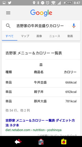 「OK,Google!」の設定:「キウイ1個のカロリーは?」「吉野家の牛丼並盛のカロリーは?」