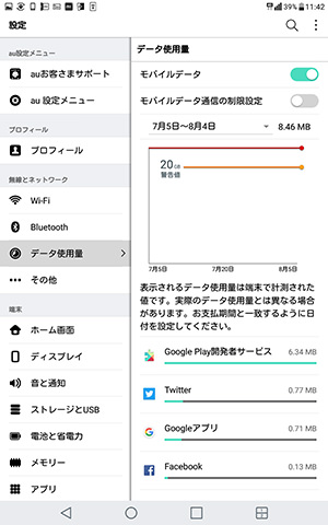 Qua tab PX 設定画面