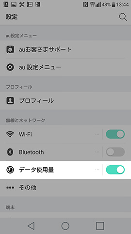設定画面の上から6番目に並ぶ【データ使用量】の項目