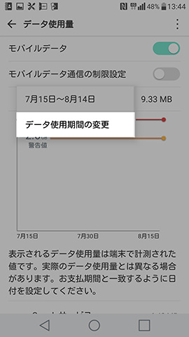 タップして表示される項目の一番下にある【データ使用期間の変更】を選択