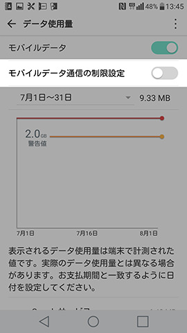 強制遮断も設定する場合は【モバイルデータ通信の制限設定】をオンにする
