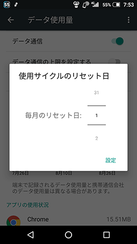 使用サイクルのリセット日を1日に設定する