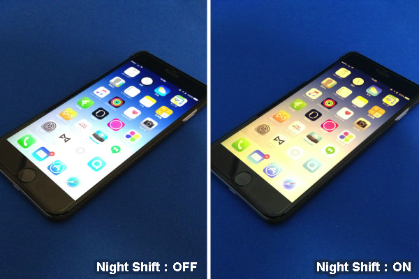Night Shiftがオフの状態(左)とオンにした状態(右)を比較