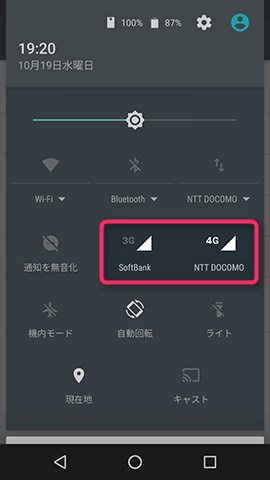 データ通信(4G)にドコモ、音声通話(3G)はソフトバンクでアンテナが立つ