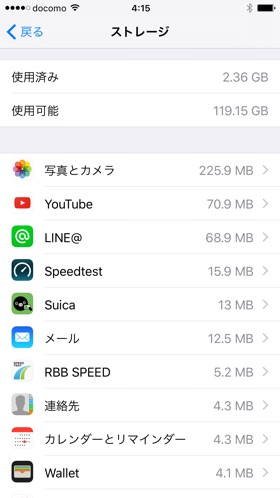 各アプリのストレージ使用状況