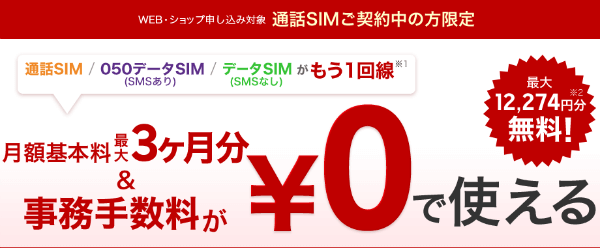 事務手数料+月額基本料3カ月無料特典