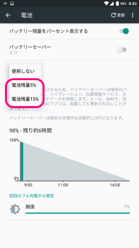 バッテリーセーバーを自動で発動する電池残量を設定します
