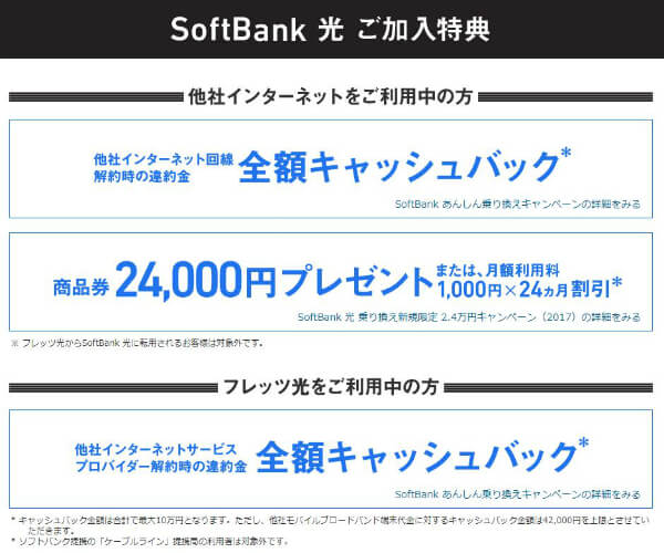 他社インターネットからの切替やNTT東西のフレッツ光から切り替えると大幅還元されます