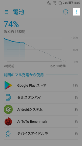 設定、【電池】画面右上「︙」を選択
