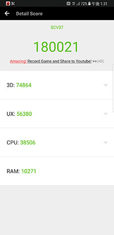 AnTuTu Benchmark(Ver.6.2.7)によるベンチマーク結果は18万点超え