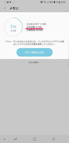 初期状態でのRAM空き容量は3.1GB。予備領域を含めると4GBにも