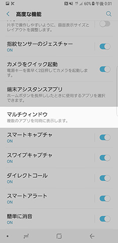 設定画面から【高度な機能】→【マルチウィンドウ】と進む