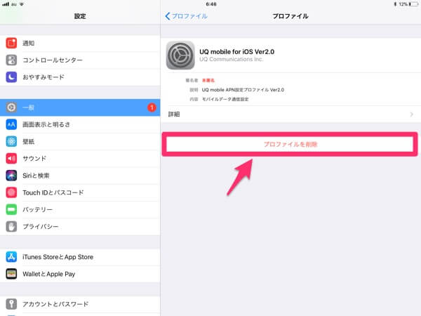 プロファイルの削除をタップ