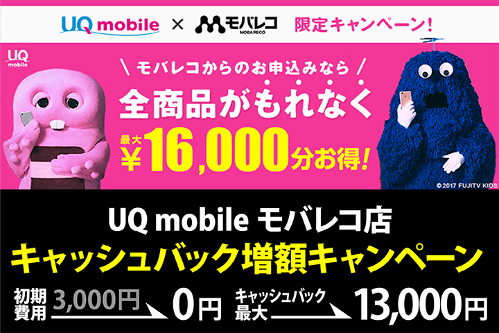 UQモバイル モバレコ店 3月1日からキャッシュバック増額! 合わせてなんと16,000円分お得になるキャンペーン!