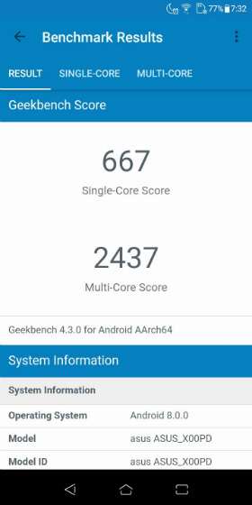 GeekBenchの測定結果「シングルコア:667点」「マルチコア:2437点」