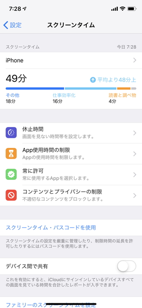【設定】→【スクリーンタイム】と進むとメイン画面が開く