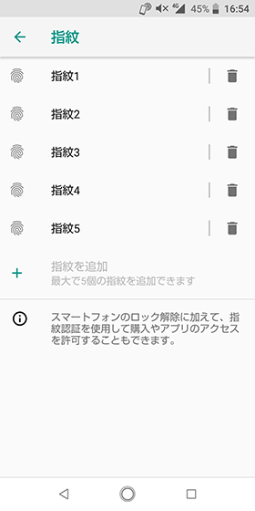 最大5つの指紋情報を登録可能。名称の変更もできます