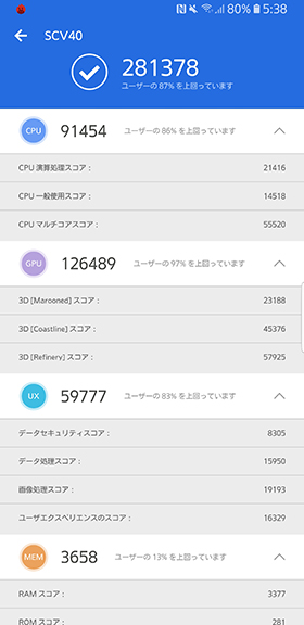AnTuTu Benchmark(Version 7.1.1)で測定したベンチマークスコアは30万点に迫る結果に