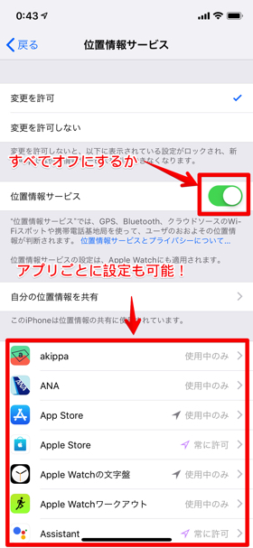 すべてのアプリをオフにするか、アプリごとに設定を変える