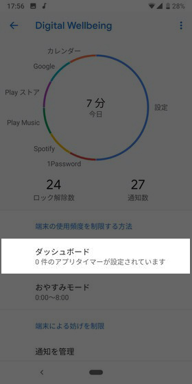 設定】→【Digital Wellbeing】→【ダッシュボード】