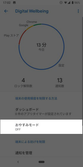 【設定】→【Digital Wellbeing】→【おやすみモード】