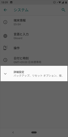 【設定】から【システム】→【詳細設定】の順に進む