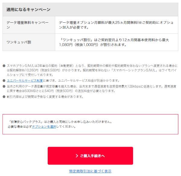 適用されるキャンペーンと注意事項を確認する