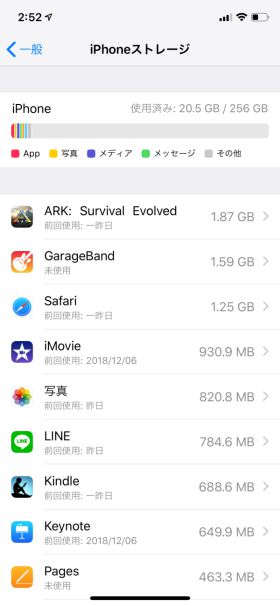 画像のiPhoneは256GBのストレージ容量に対し20.5GB使用している