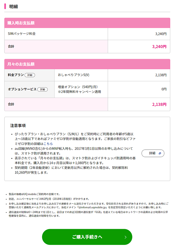 選択したプランの料金やオプションサービスが表示されるので、内容に問題なければ「ご購入手続きへ」ボタンを押します。