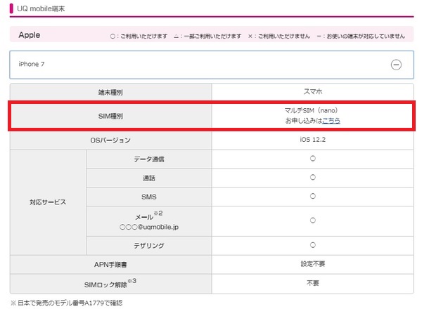 UQモバイル公式サイト:動作確認端末一覧ページ