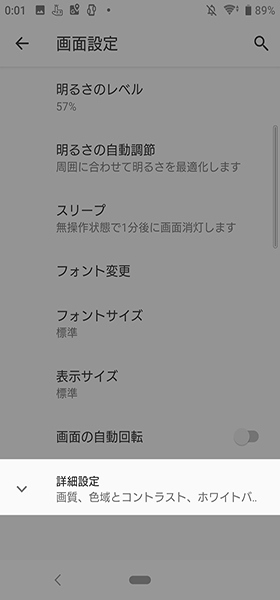 設定画面から【画面設定】→【詳細設定】と進む