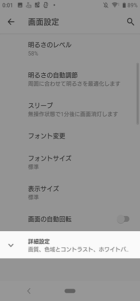 設定画面から【画面設定】→【詳細設定】と進む