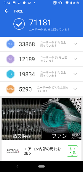 AnTuTu Benchmarkで測定したベンチマークスコアは7万点台を記録